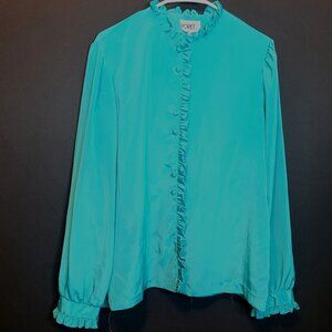 Vintage Polyester Blouse Turquoise Ruffle 70s Union Made Button Front Sz 38 Lrg